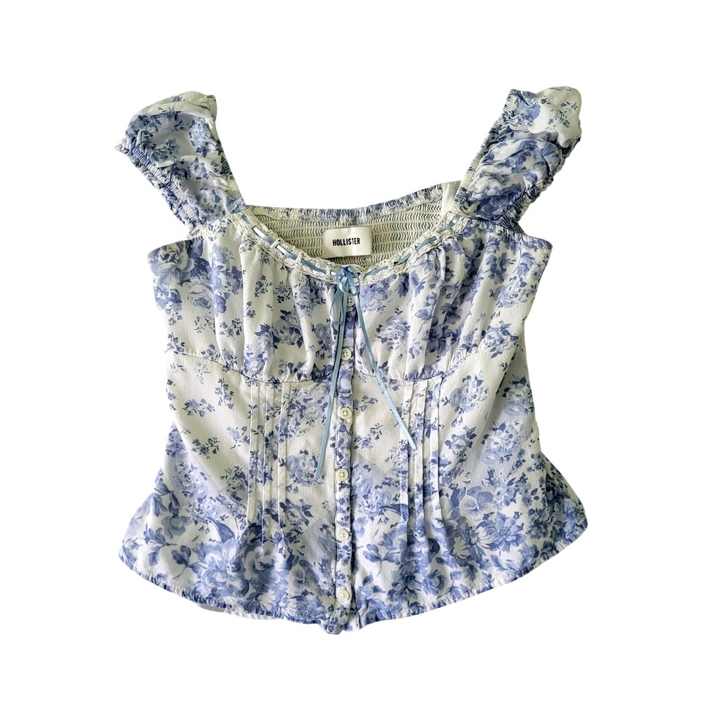 Hollister Blue Floral Summer Top Small Smocked Cottagecore Milkmaid Crop